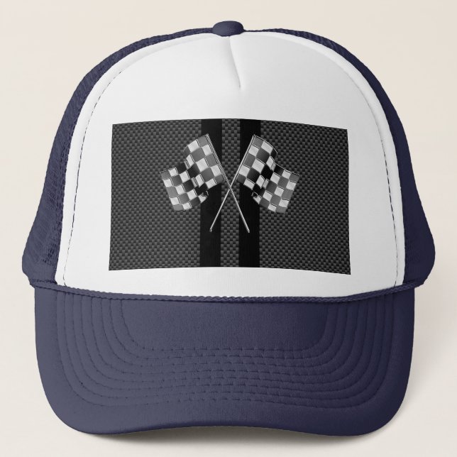 Racing Flags on Stripes Carbon Fiber Like Style Trucker Hat (Front)