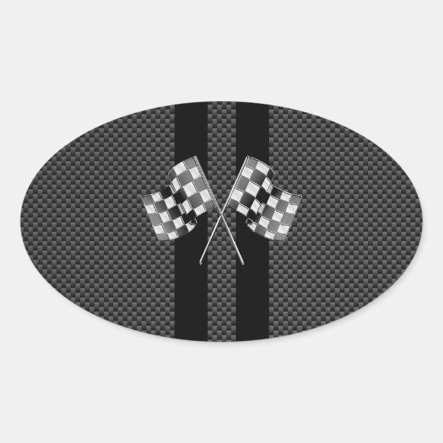 Racing Flags Stripes in Carbon Fiber Style Decor Oval Sticker (Front)