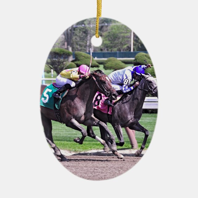 RACING FROM HISTORIC SARATOGA CERAMIC ORNAMENT (Front)