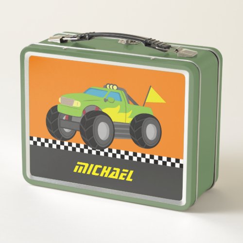 Racing Green Monster Truck for Racer Boys Lunch Bo Metal Lunch Box