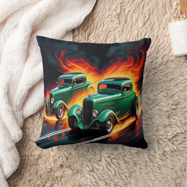 Racing hot rods on a fiery sunset highway throw pillow (Blanket)