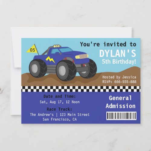 Racing Monster Truck Party Blue Admission Ticket Invitation