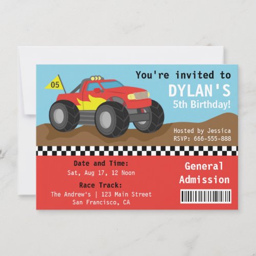 Racing Monster Truck Party Boys Admission Ticket Invitation