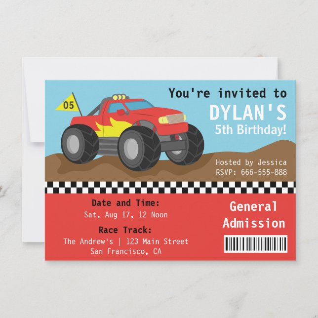 Racing Monster Truck Party, Boys Admission Ticket Invitation (Front)