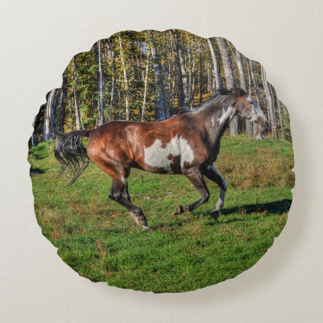 Racing Pinto Paint Stallion on a Horse Ranch Round Pillow (Front)