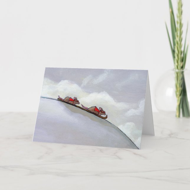 Racing rats skiing downhill fun unique rat art card (Front)