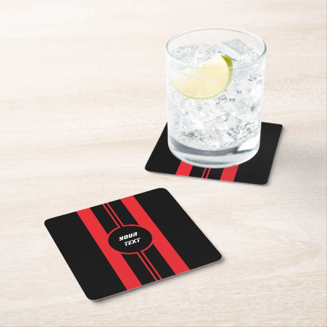 Racing Red Double Stripes Sports Custom Square Paper Coaster (Insitu)