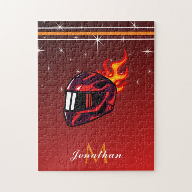 Racing Red Helmet Name & Monogram Sparkle Initial Jigsaw Puzzle (Vertical)