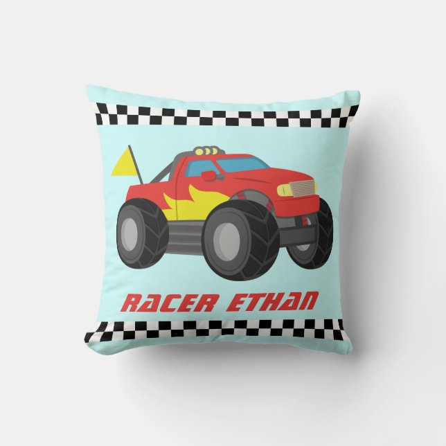 Racing Red Monster Truck, for Boys Room Throw Pillow (Front)