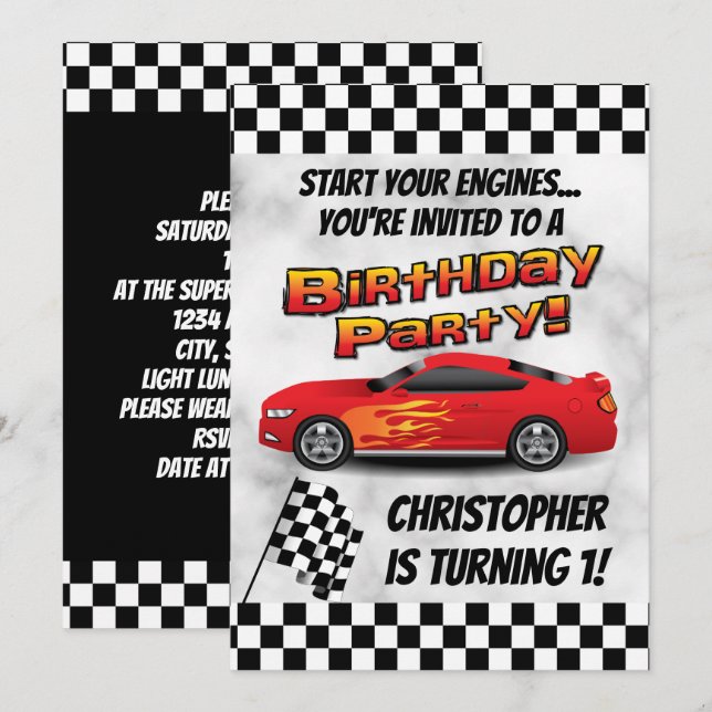 Racing Red Race Car Checkered Boy's Birthday Party Invitation (Front/Back)