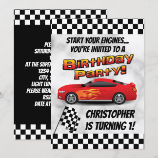 Racing Red Race Car Checkered Boy's Birthday Party Invitation
