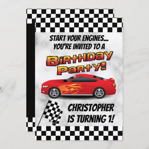 Racing Red Race Car Checkered Boys Birthday Party Invitation