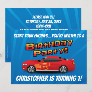 Racing Red Race Car Flames Boy's Birthday Party Invitation