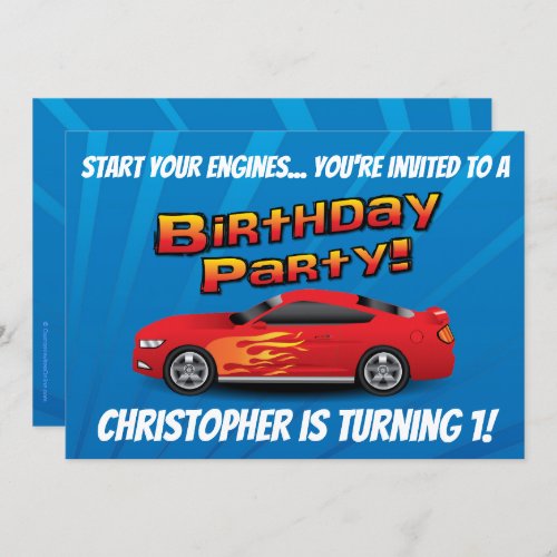 Racing Red Race Car Flames Boys Birthday Party Invitation