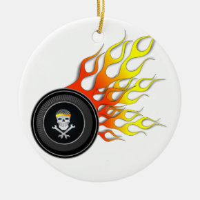 Racing Skull in Flaming Wheel Ceramic Ornament