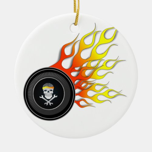 Racing Skull in Flaming Wheel Ceramic Ornament