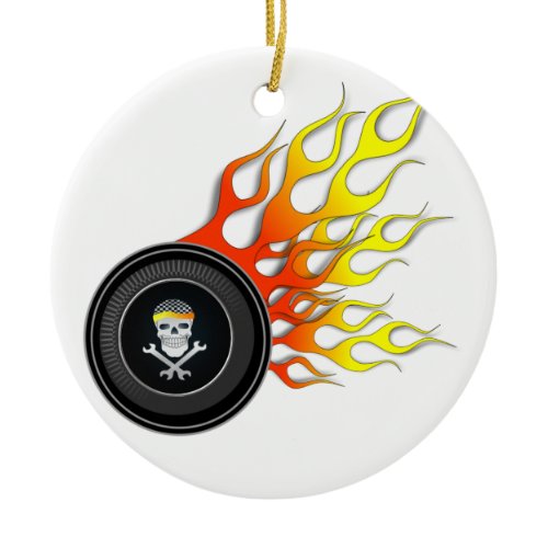 Racing Skull in Flaming Wheel Ceramic Ornament