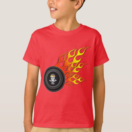 Racing Skull Wheel Flames T_Shirt