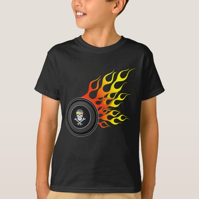 Racing Skull Wheel Flames T-Shirt (Front)