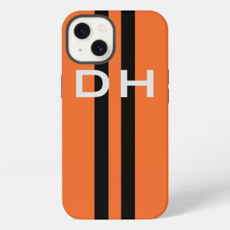 Racing Stripes: Black on Orange With Initials Cas iPhone 13 Case