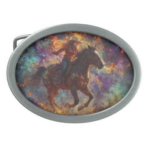 Racing the Flames _ Cowgirl and Horse Belt Buckle