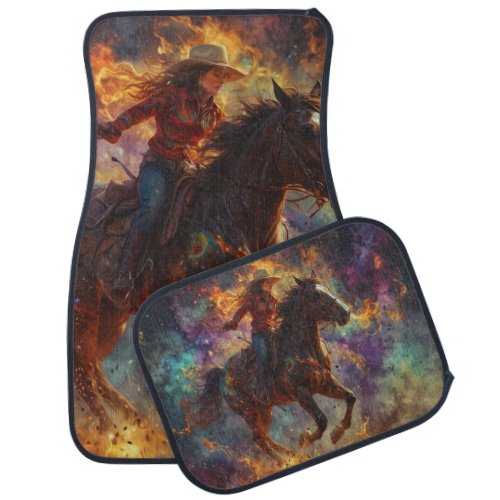 Racing the Flames _ Cowgirl and Horse Car Floor Mat