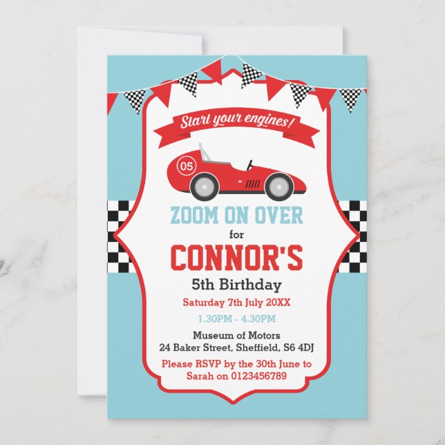 Racing themed birthday party invitation (Front)