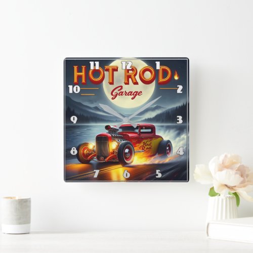 Racing through a moonlit landscape in a hot rod square wall clock