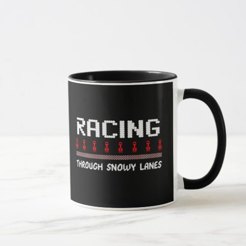 Racing Through Snowy Lanes Funny Christmas Racer Mug