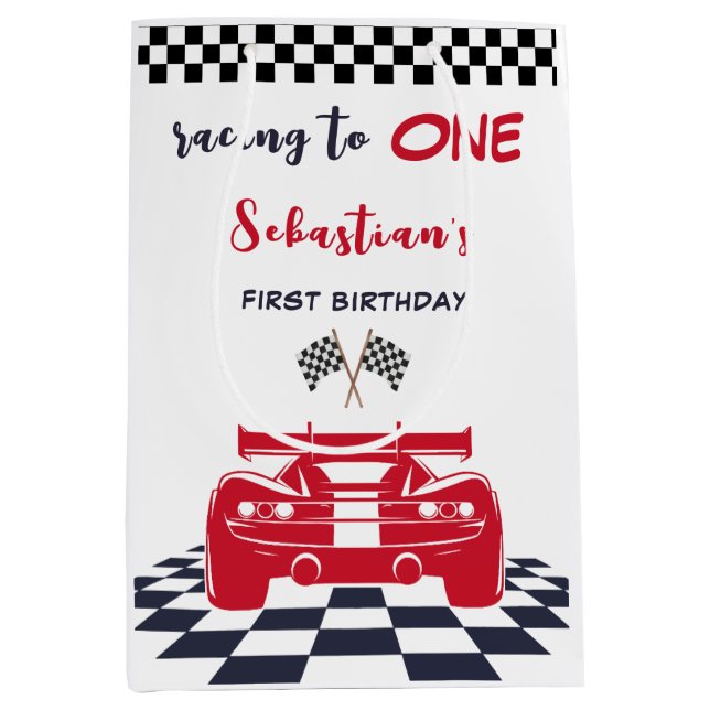 Racing to one first kids birthday medium gift bag (Front)