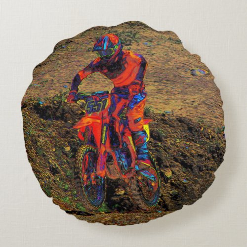 Racing to Win_ Motocross Racer  Round Pillow