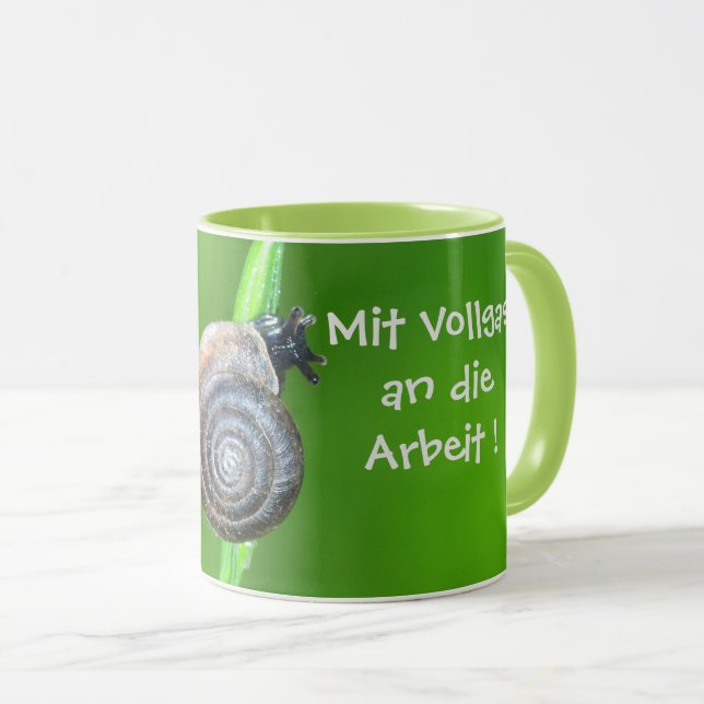 Racing to work with a snail mug (Front Right)
