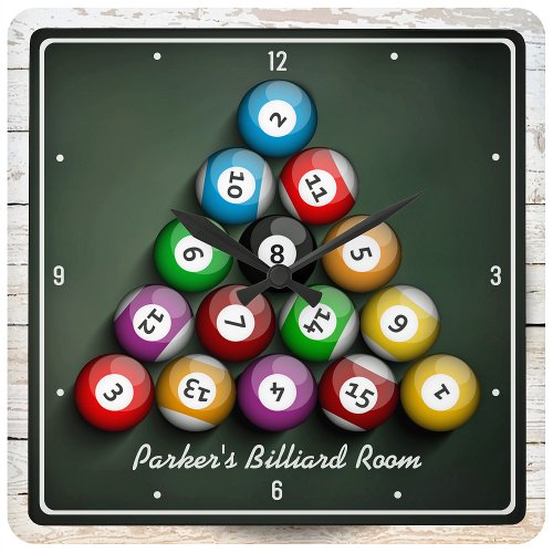 Rack Em Pool Hall Billiards Personalized Game Room Square Wall Clock