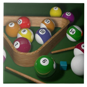Rack 'em up, game of billiards ceramic tile