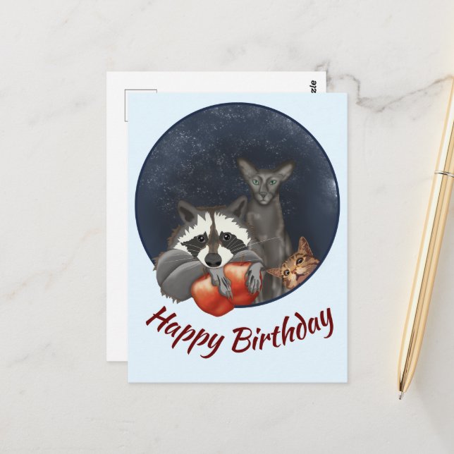 Racoon and cats with apples Happy Birthday Postcard (Front/Back In Situ)
