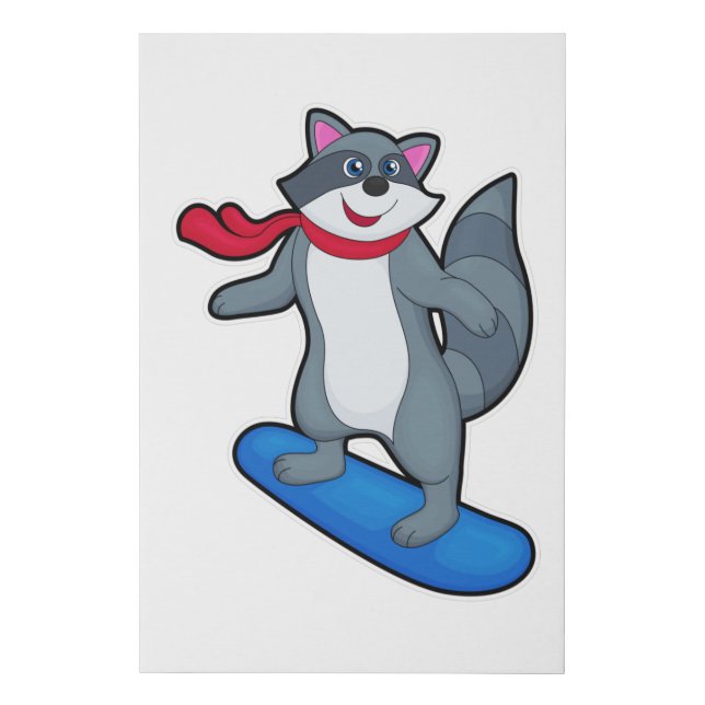 Racoon as Snowboarder with Snowboard & Scarf Faux Canvas Print (Front)