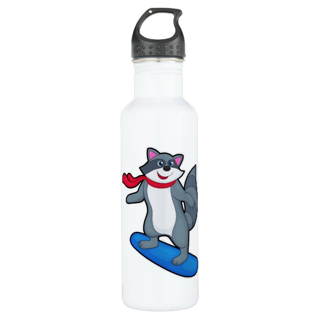 Racoon as Snowboarder with Snowboard & Scarf Stainless Steel Water Bottle (Front)