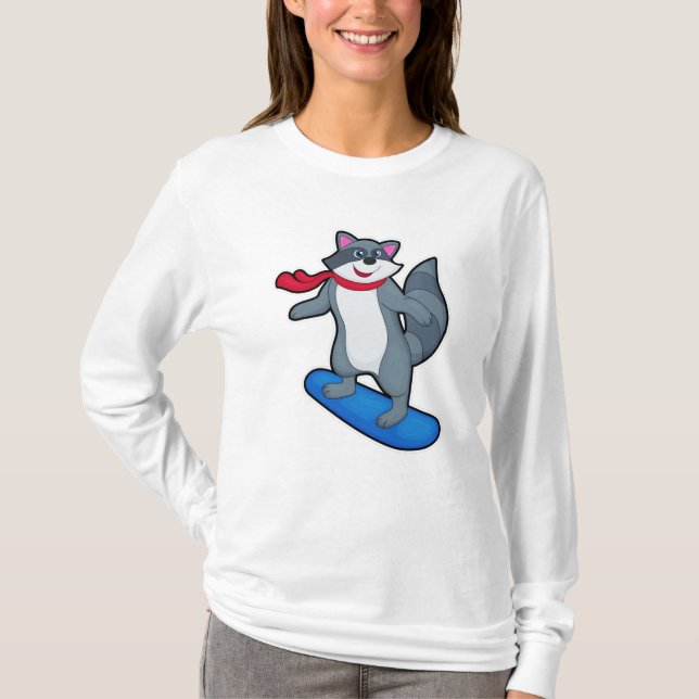 Racoon as Snowboarder with Snowboard & Scarf T-Shirt (Front)
