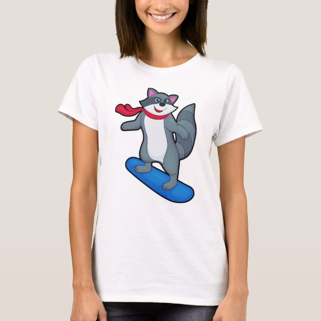 Racoon as Snowboarder with Snowboard & Scarf T-Shirt (Front)