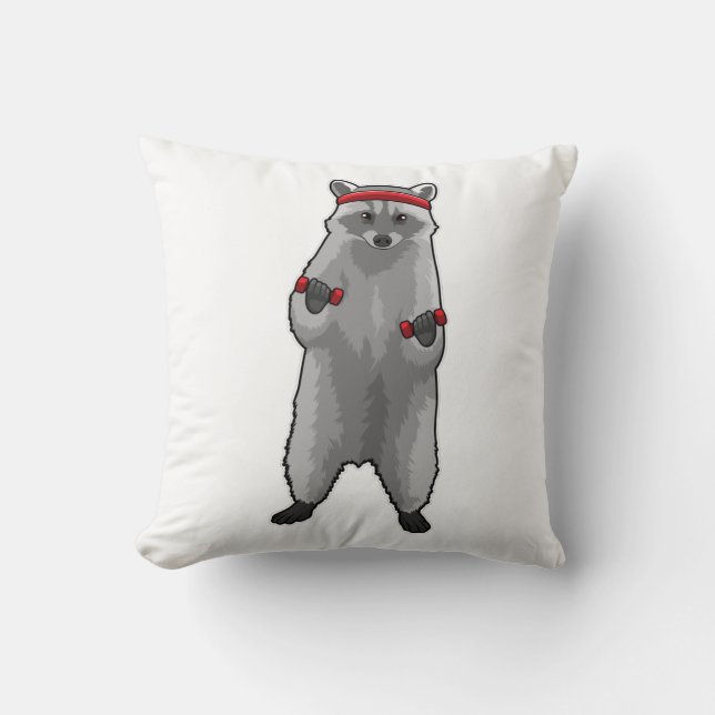 Racoon at Fitness with Dumbbells Throw Pillow (Front)