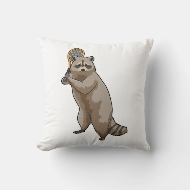 Racoon at Tennis with Tennis racket Throw Pillow (Front)