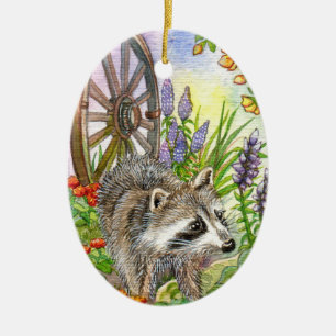 Racoon By Flower Garden Ceramic Ornament