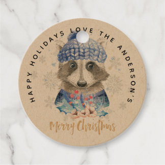 Racoon Christmas WAtercolor Blue Red Cute Gifts Favor Tags