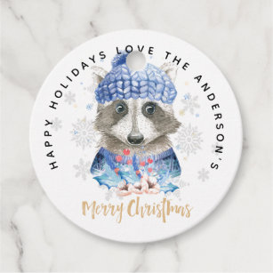Racoon Christmas WAtercolor Blue Red Cute Gifts Favor Tags