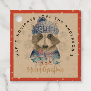 Racoon Christmas WAtercolor Blue Red Cute Gifts Favor Tags