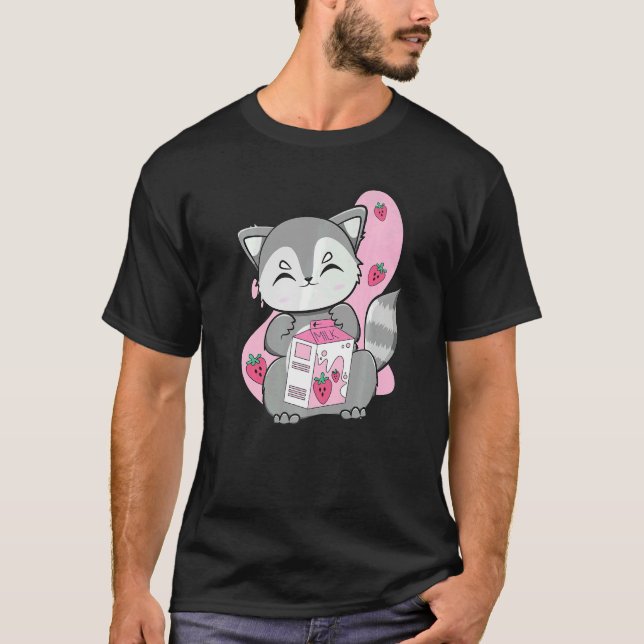 Racoon Drinks Bubble Tea And Boba With Strawberry  T-Shirt (Front)