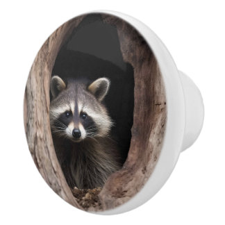 Racoon in Tree Cave Ceramic Knob