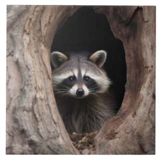 Racoon in Tree Cave Ceramic Tile