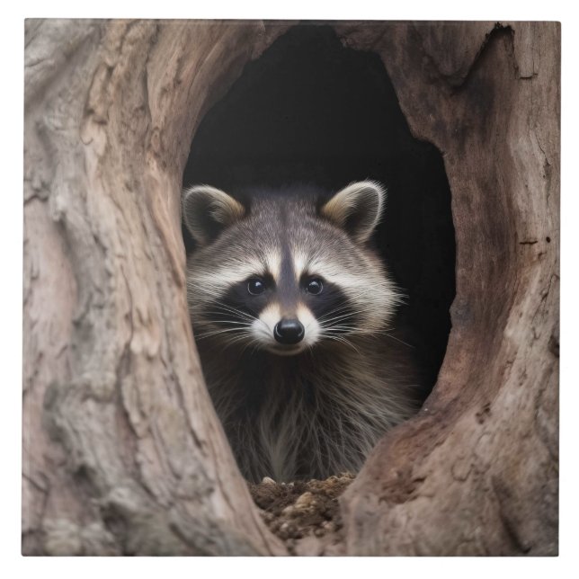 Racoon in Tree Cave  Ceramic Tile (Front)