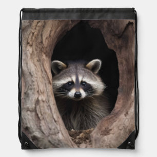 Racoon in Tree Cave Drawstring Bag